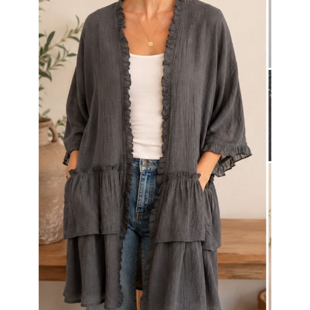 Easel Los Angeles Gray Tencel Ruffle Open Front Kimono Cardigan Boho Sz M